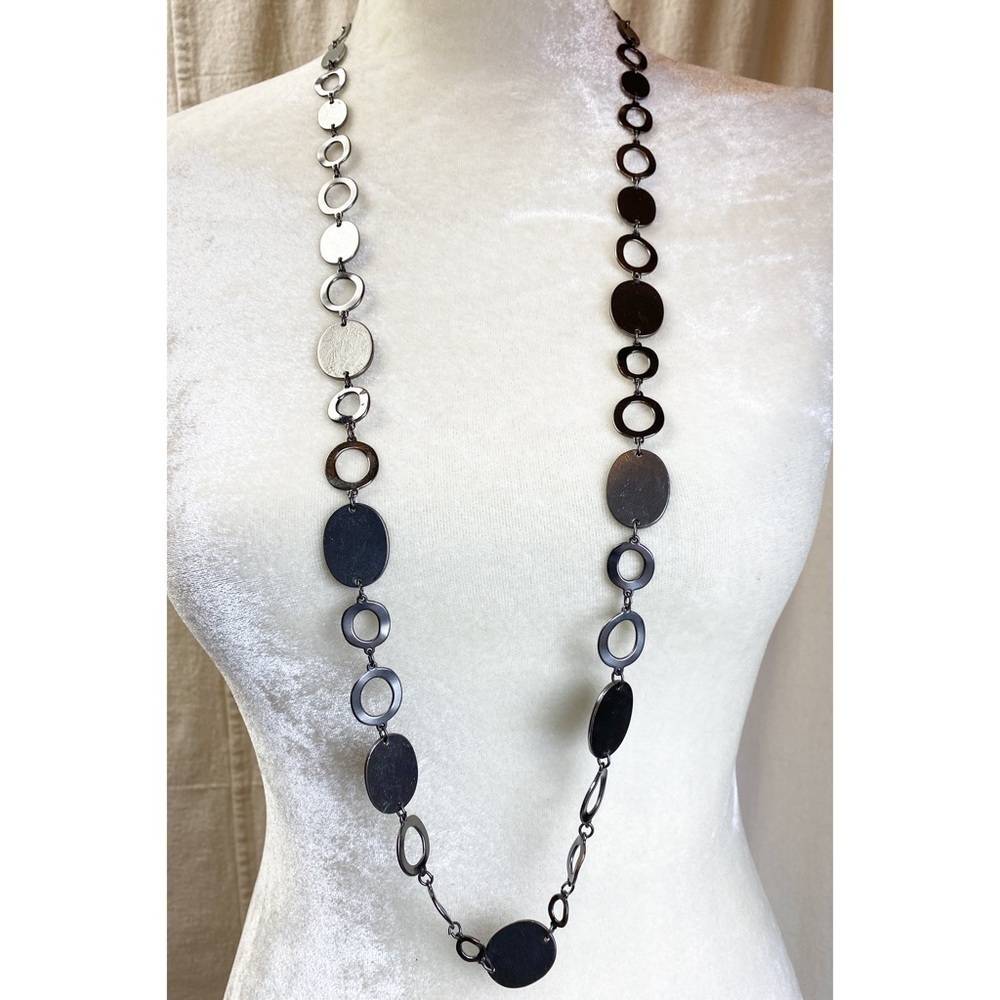 Chico's Gunmetal Gray Oval Disc Open Circle Long Necklace 42 inches